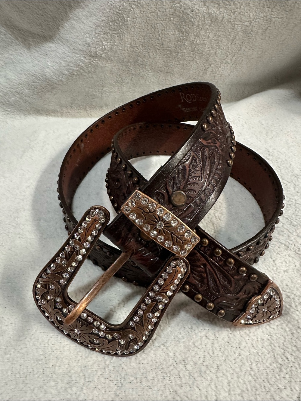 Western Embossed Leather Belt with Crystal Buckle - Brown